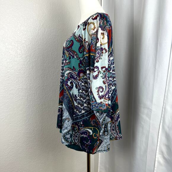 Chicos Top Womens Womens 4 Blue Paisley Print Mesh Overlay Boho Chic Relaxed - Picture 5 of 13